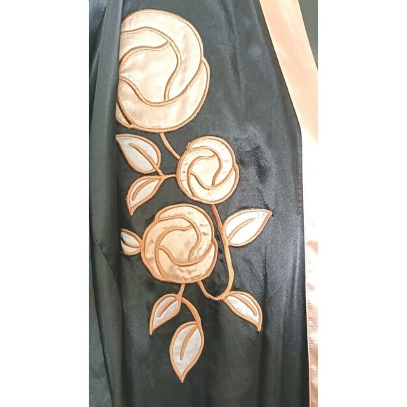 Serenada Satin Kimona Robe Plus Size 1X Black Gold Floral Embroidery Long Satin - Picture 5 of 7